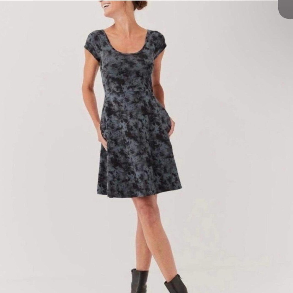 Pact Organic Cotton Tie Dye Fit & Flare Dress Grey Black Crossover Back Large